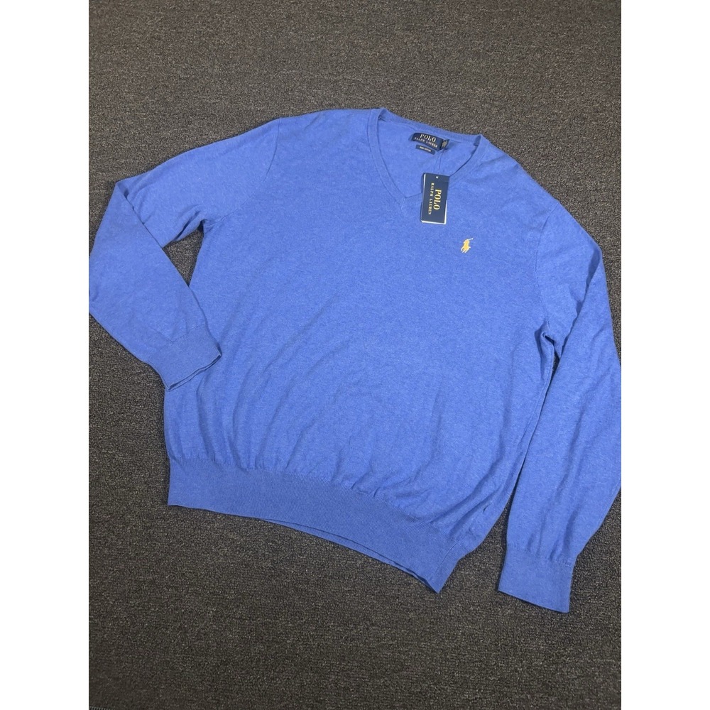 New Polo Ralph Lauren Sweater Men's XL Blue Vneck Preppy Pony Pullover Cotton
